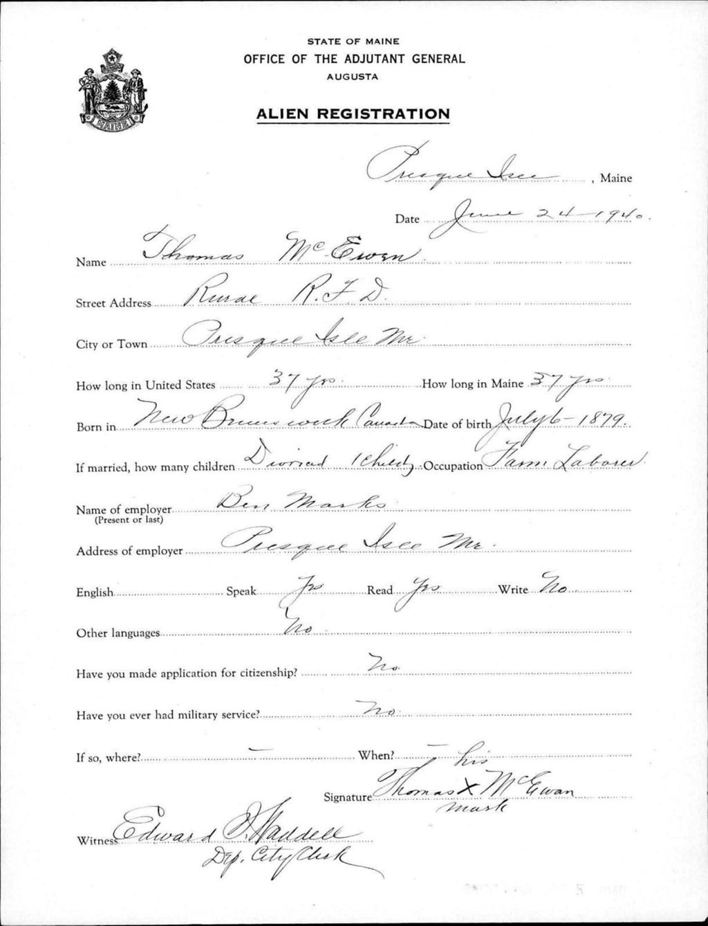 Alien Registration- Mcewen, Thomas (Presque Isle, Aroostook County)