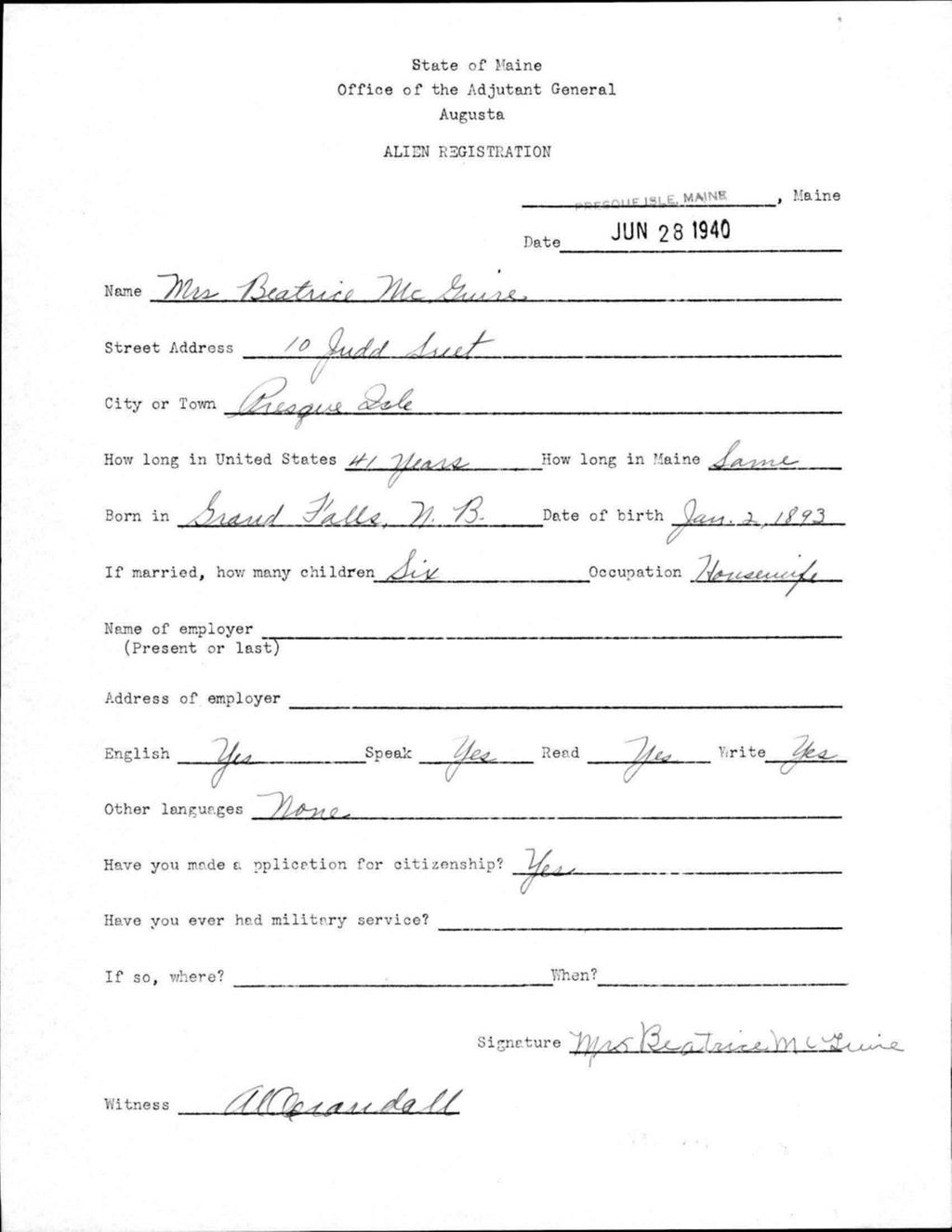 Alien Registration- Mcguire, Beatrice (Presque Isle, Aroostook County)
