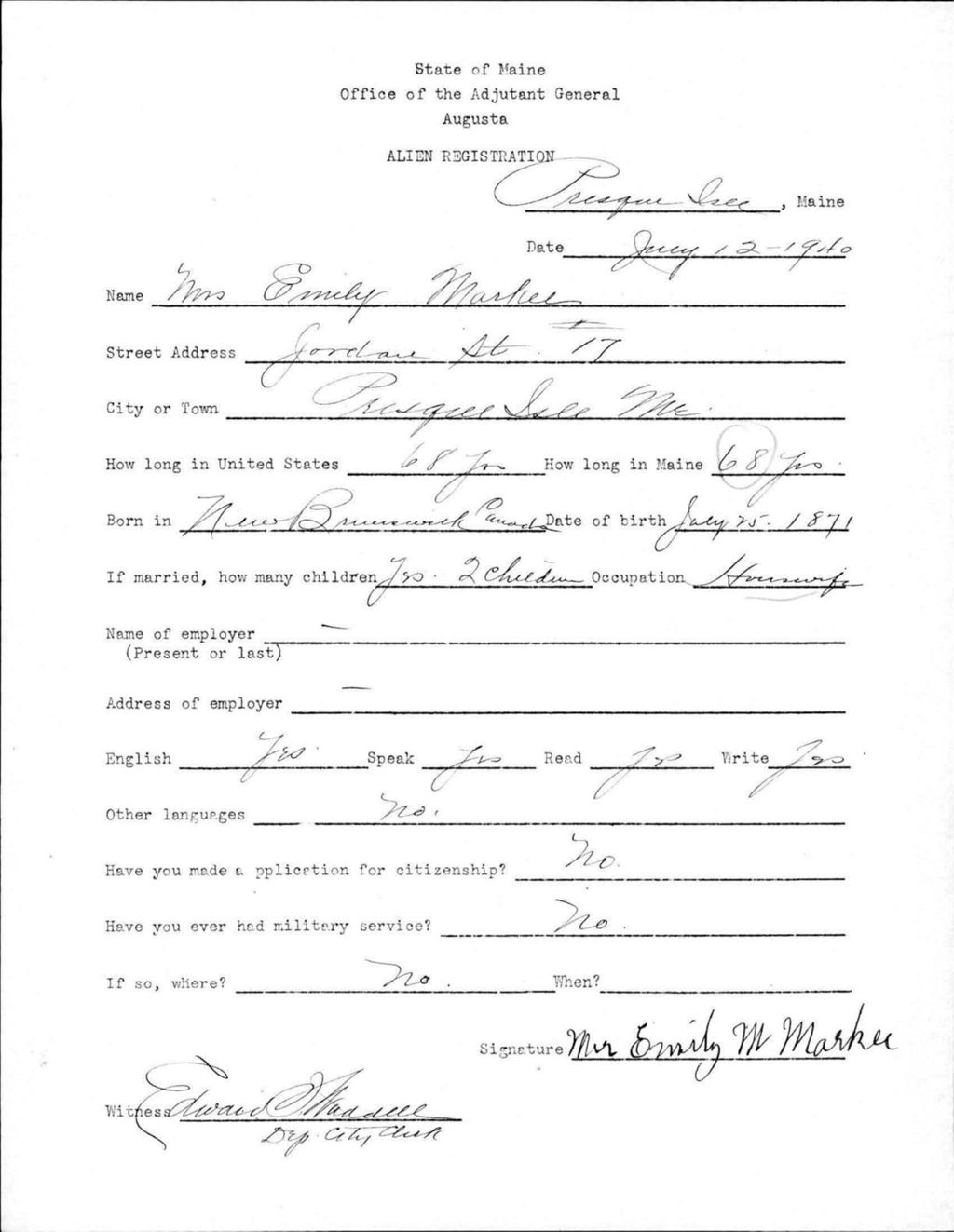 Alien Registration- Markee, Emily (Presque Isle, Aroostook County)