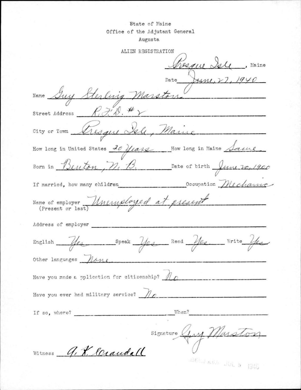 Alien Registration- Marston, Guy S. (Presque Isle, Aroostook County)