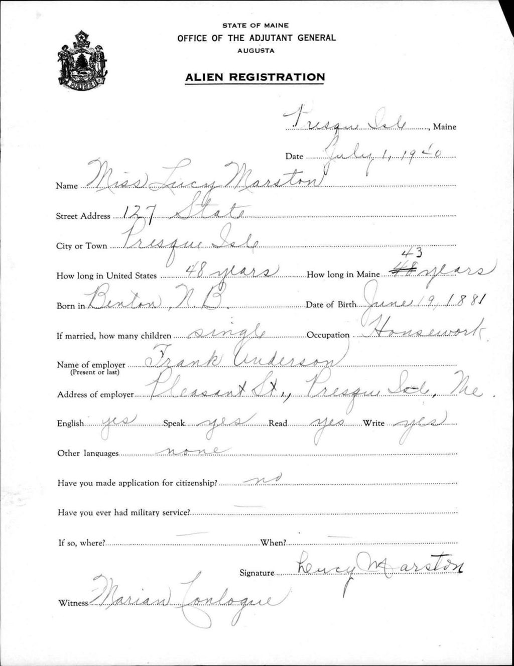 Alien Registration- Marston, Lucy (Presque Isle, Aroostook County)