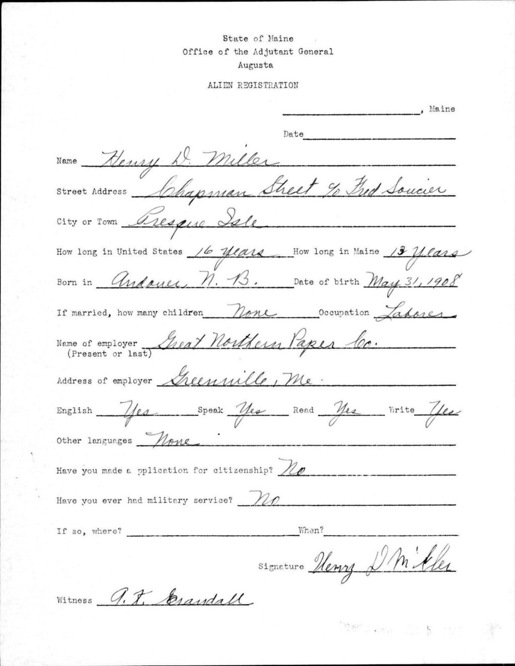 Alien Registration- Miller, Henry D. (Presque Isle, Aroostook County)