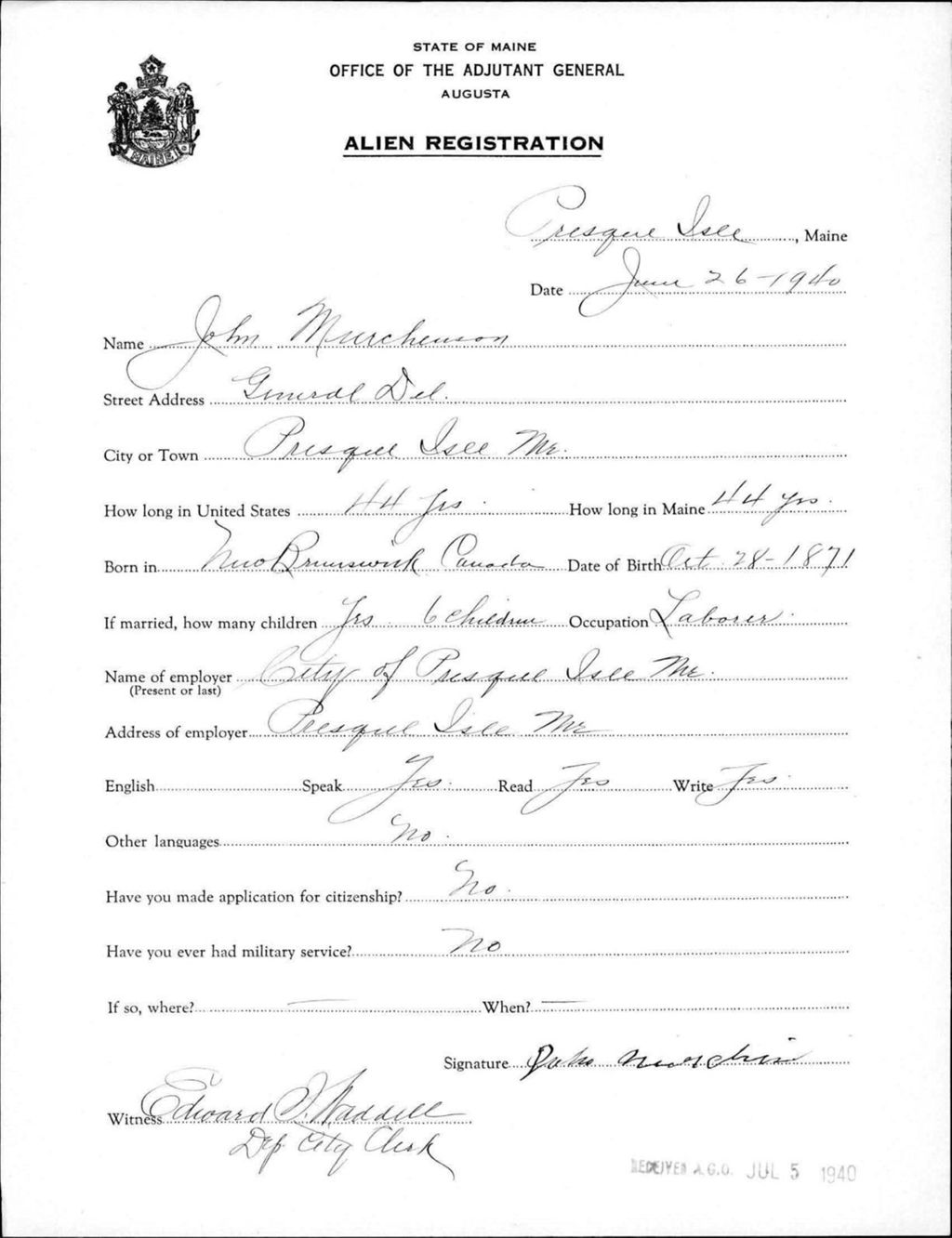 Alien Registration- Murchison, John (Presque Isle, Aroostook County)