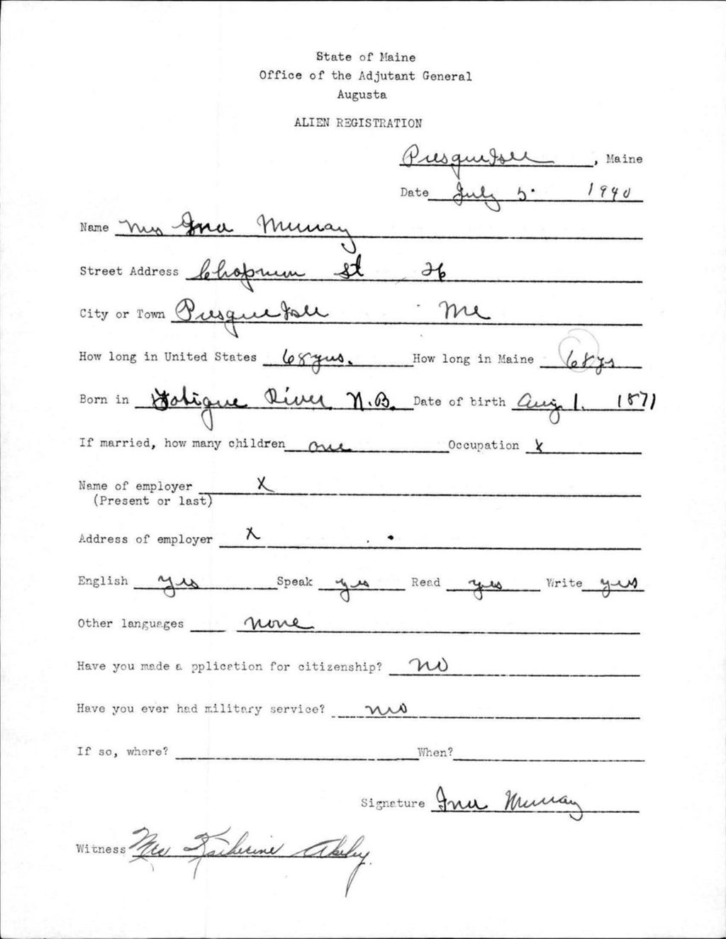 Alien Registration- Murray, Ina (Presque Isle, Aroostook County)