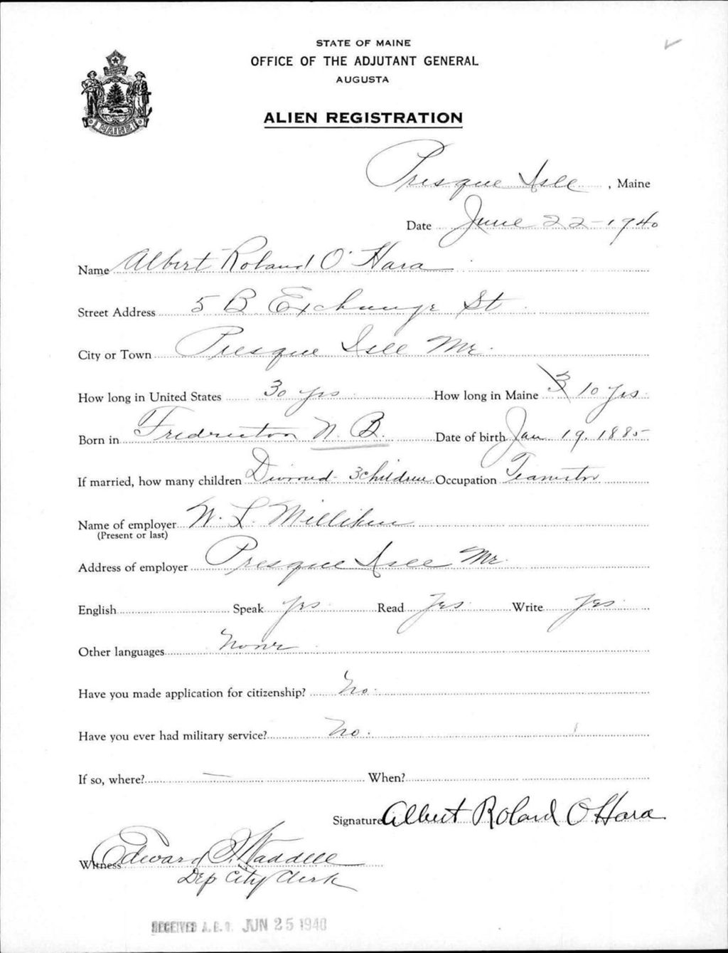 Alien Registration- Ohara, Albert R. (Presque Isle, Aroostook County)
