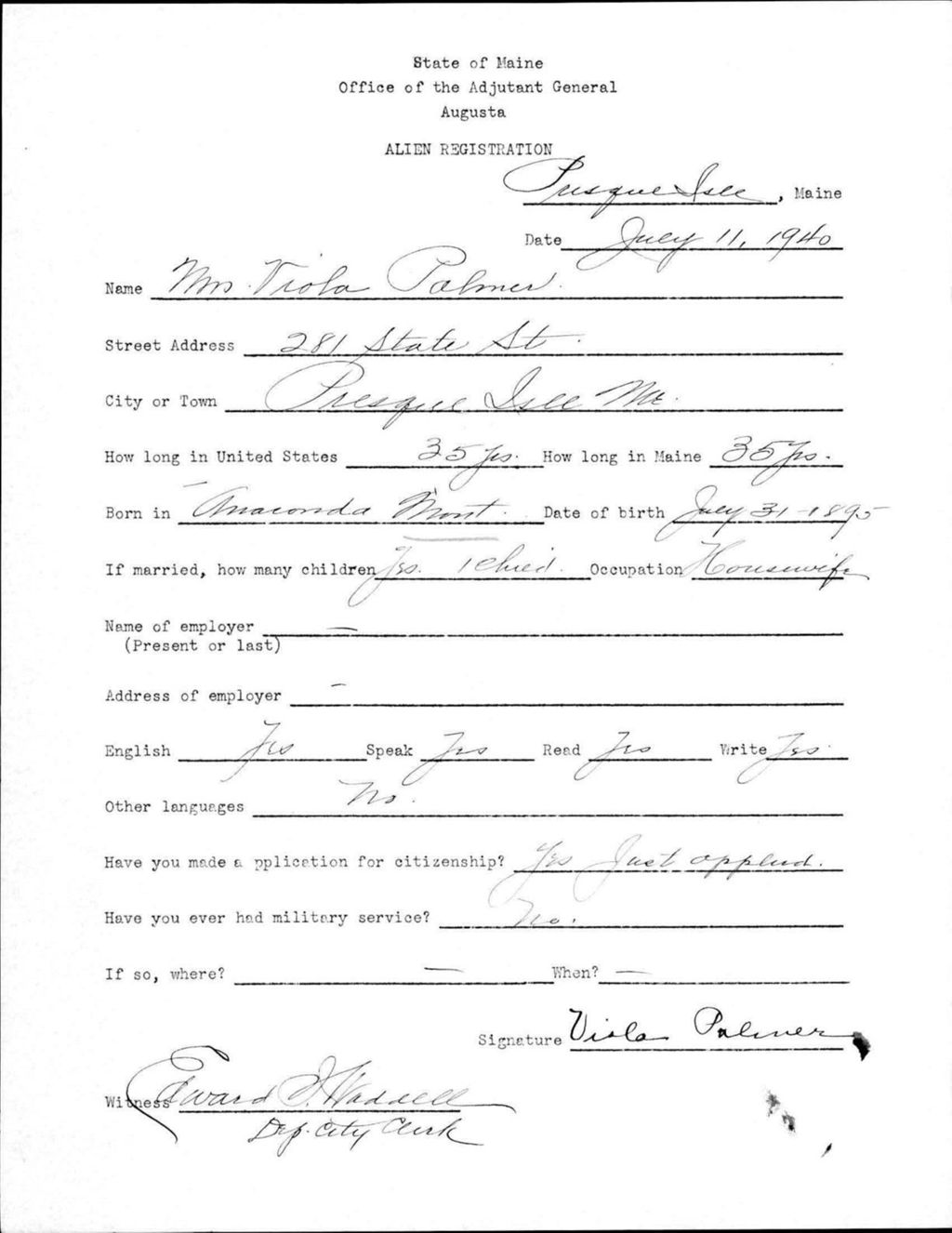 Alien Registration- Palmer, Viola (Presque Isle, Aroostook County)