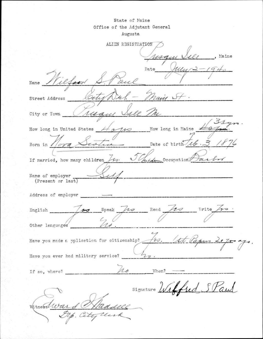 Alien Registration- Paul, Wilford S. (Presque Isle, Aroostook County)