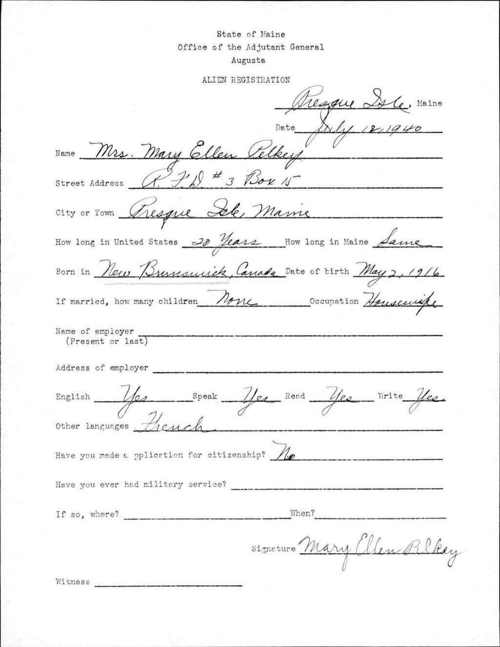 Alien Registration- Pelkey, Mary E. (Presque Isle, Aroostook County)