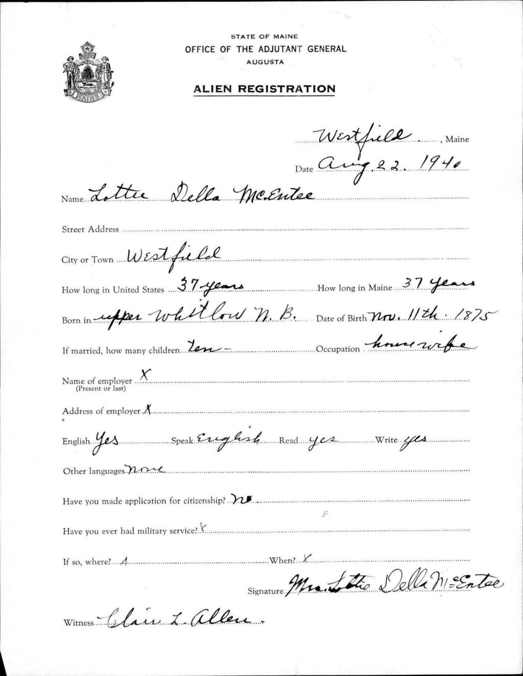 Alien Registration- Mcentee, Lottie D. (Wade, Aroostook County)