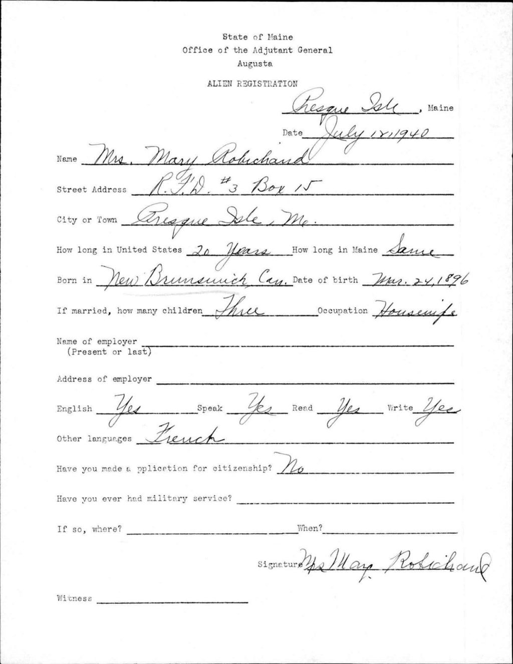Alien Registration- Robichaud, Mary (Presque Isle, Aroostook County)
