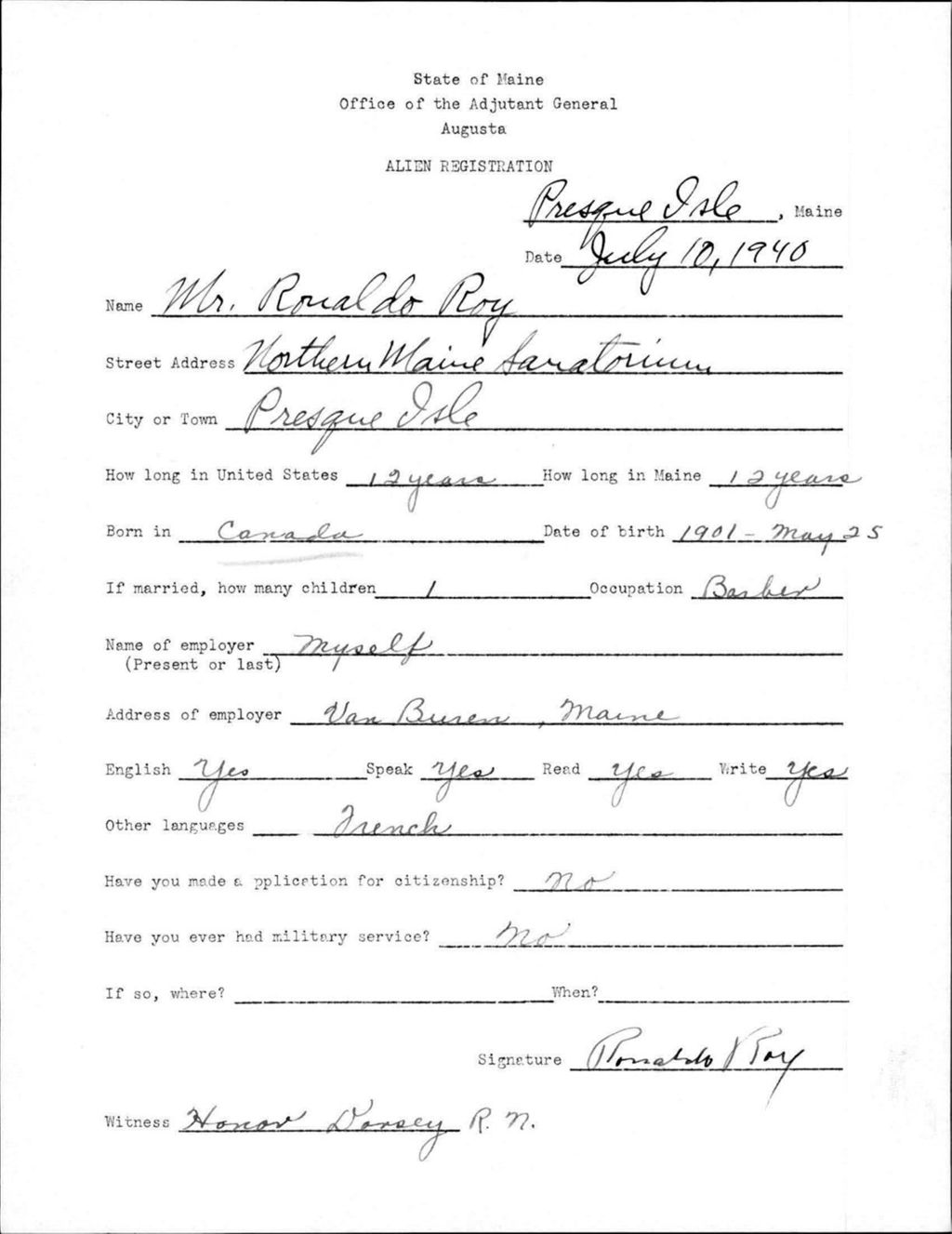 Alien Registration- Roy, Ronaldo (Presque Isle, Aroostook County)