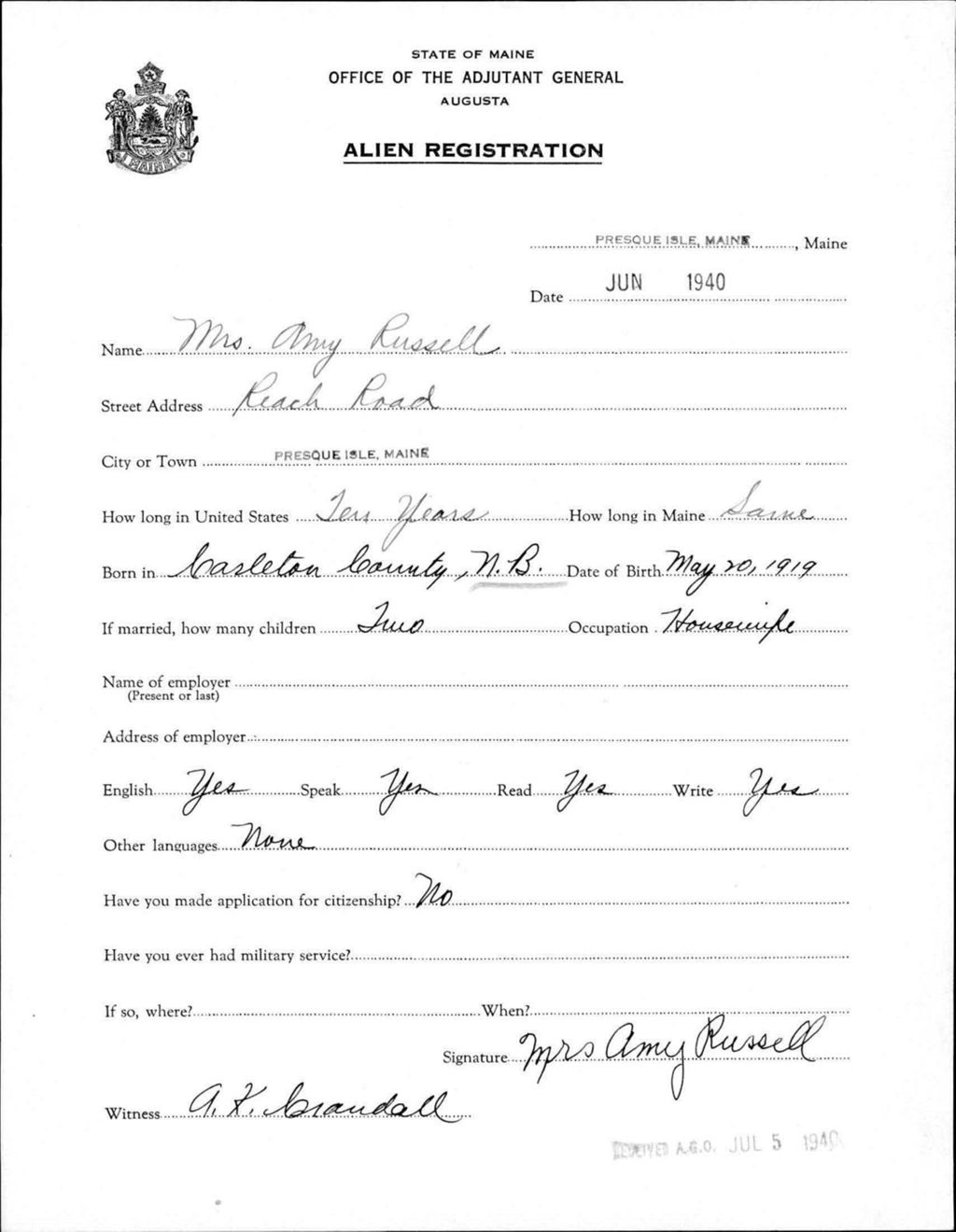 Alien Registration- Russell, Amy (Presque Isle, Aroostook County)