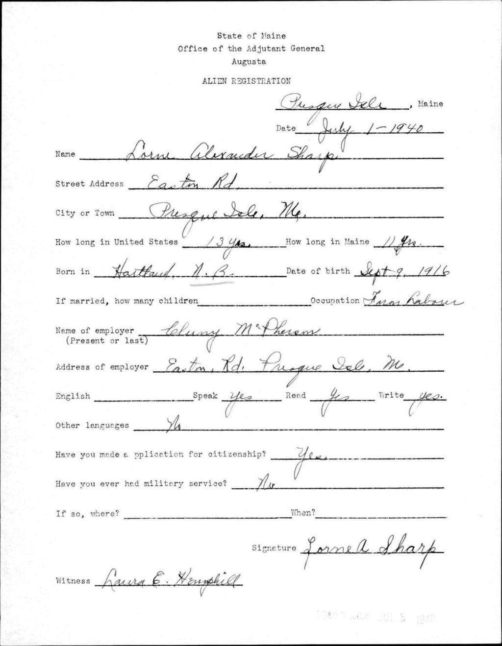 Alien Registration- Sharp, Lorne A. (Presque Isle, Aroostook County)