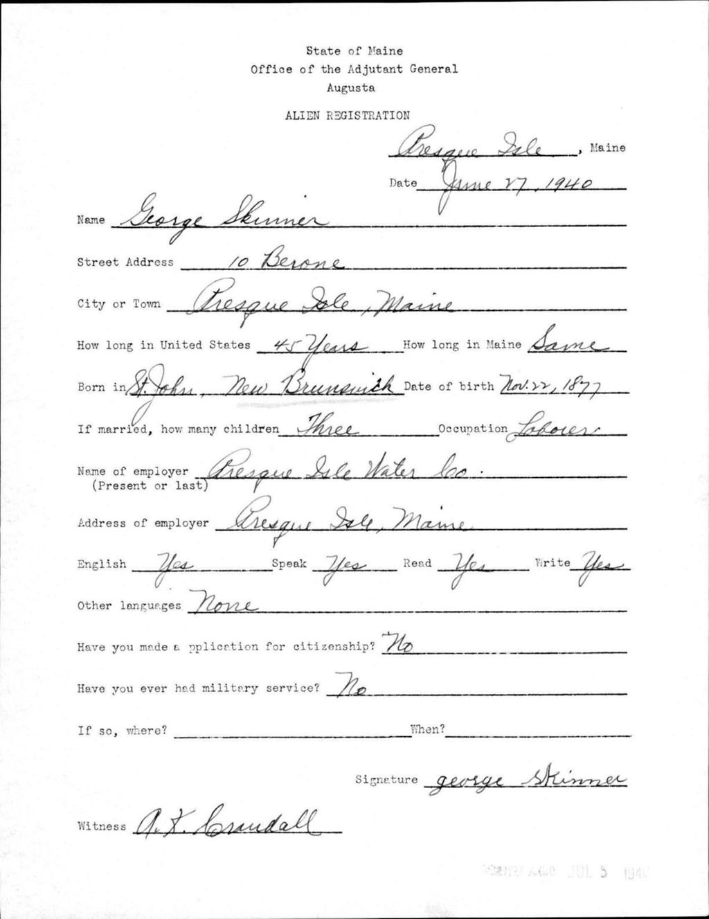 Alien Registration- Skinner, George (Presque Isle, Aroostook County)