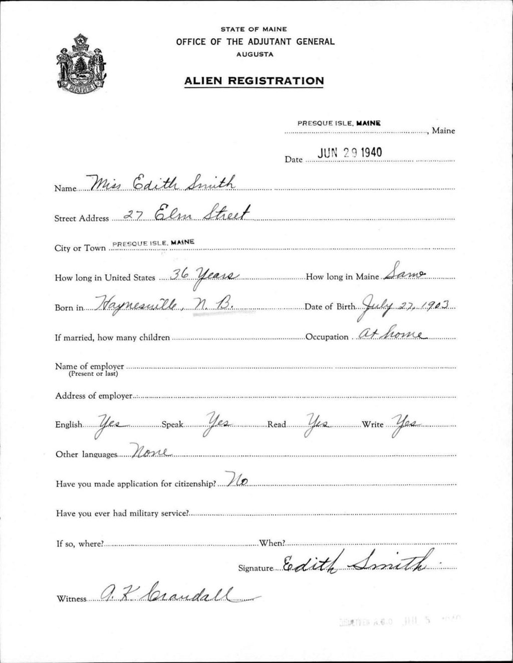 Alien Registration- Smith, Edith (Presque Isle, Aroostook County)