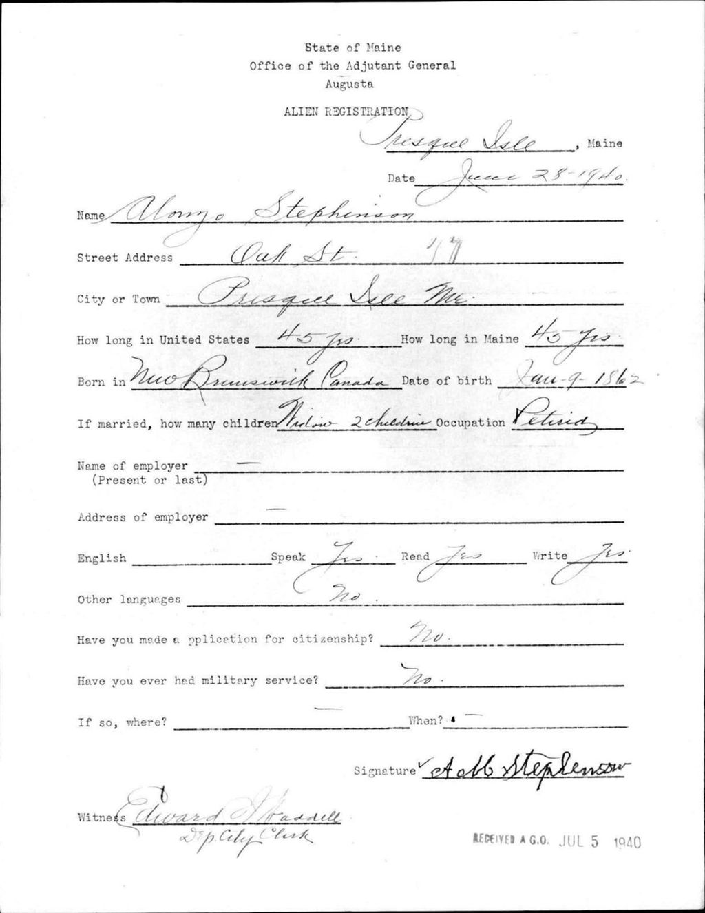 Alien Registration- Stephenson, Alonzo (Presque Isle, Aroostook County)