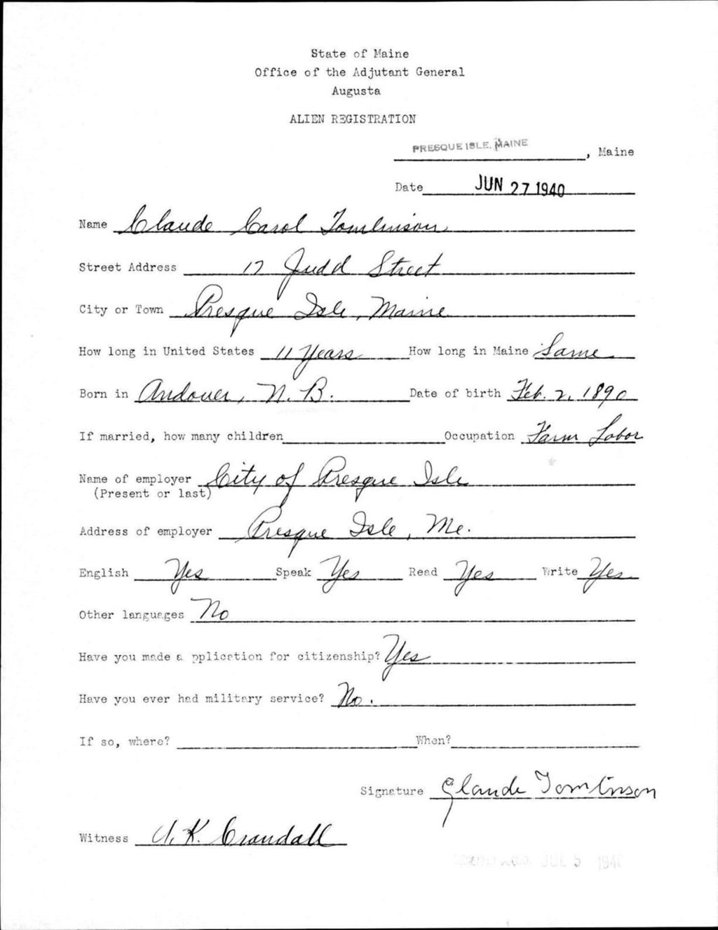 Alien Registration- Tomlinson, Claude C. (Presque Isle, Aroostook County)