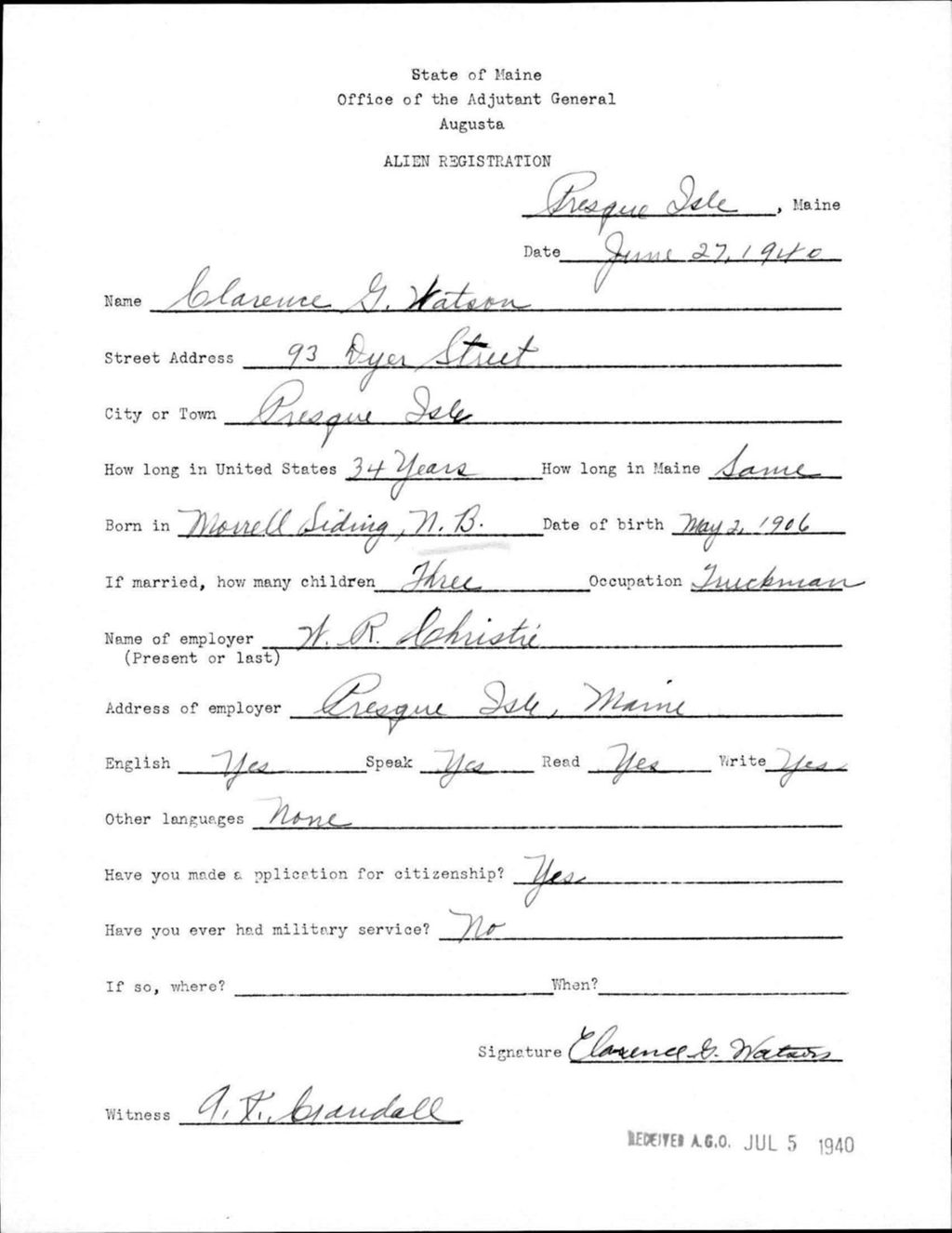 Alien Registration- Watson, Clarence G. (Presque Isle, Aroostook County)