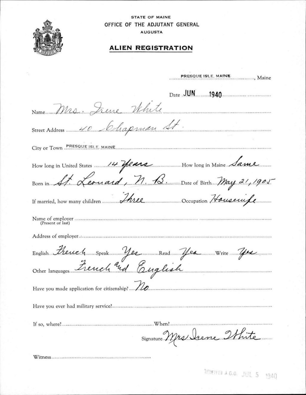 Alien Registration- White, Irene (Presque Isle, Aroostook County)