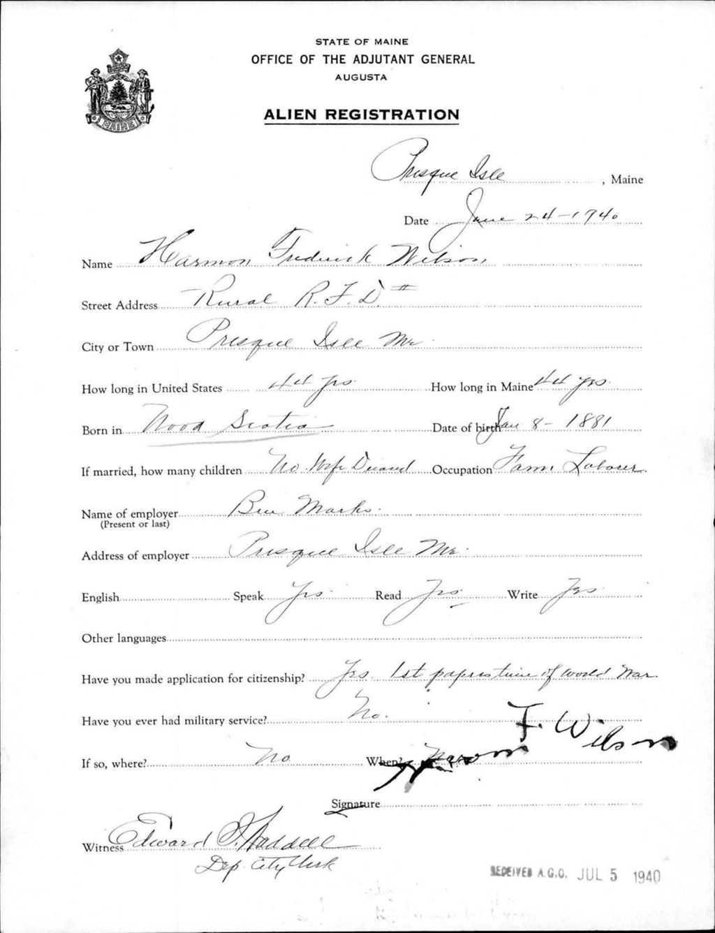 Alien Registration- Wilson, Harmon F. (Presque Isle, Aroostook County)
