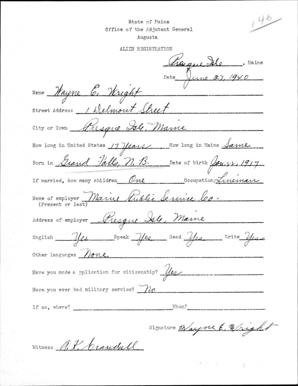 Alien Registration- Wright, Wayne E. (Presque Isle, Aroostook County)