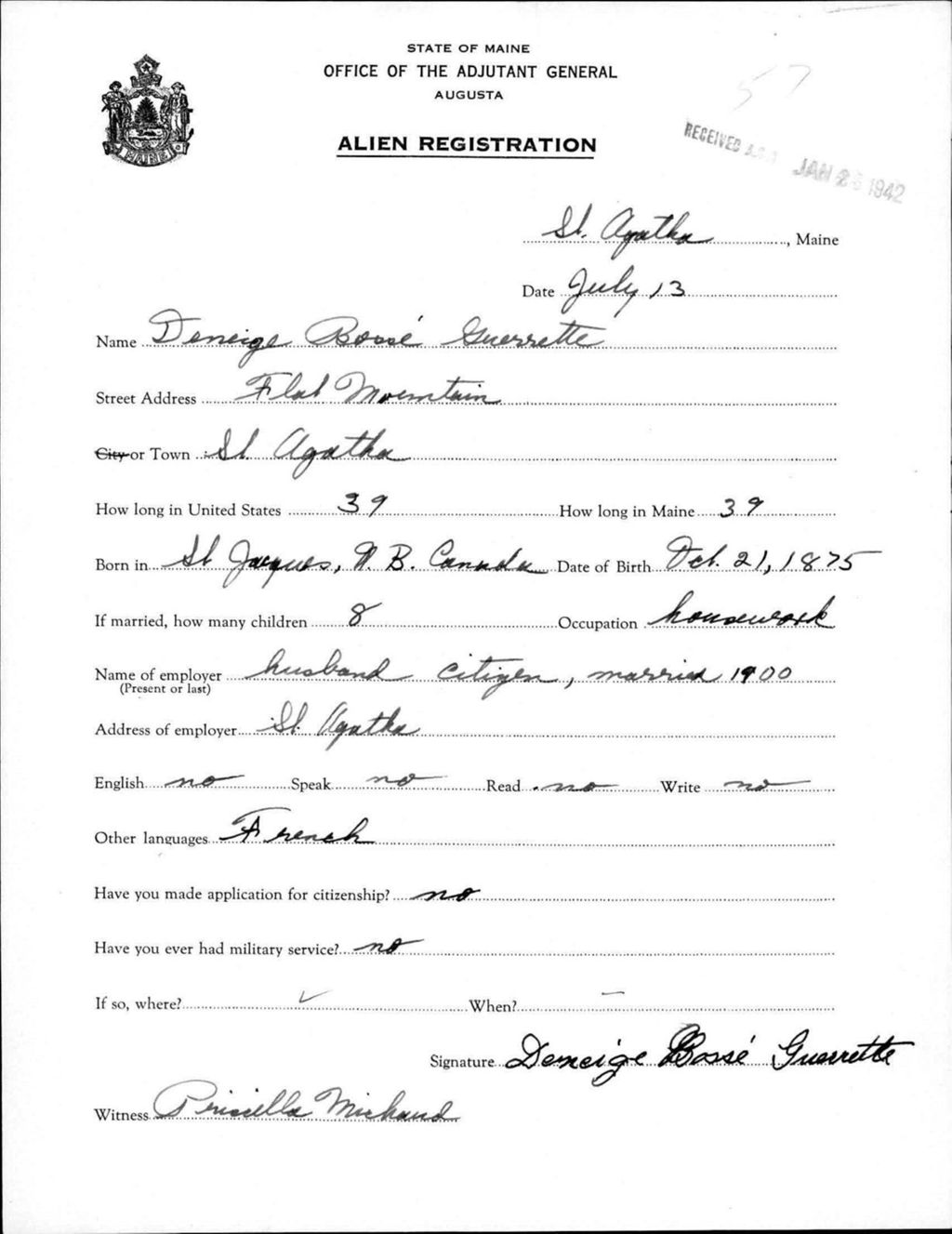 Alien Registration- Guerrette, Deneige B. (Saint Agatha, Aroostook County)