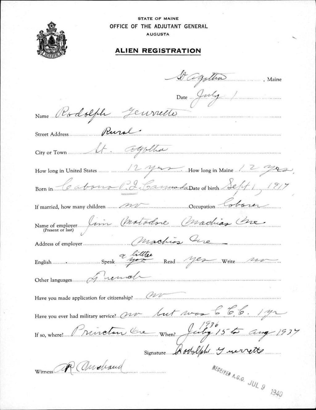 Alien Registration- Guerrette, Rudolph (Saint Agatha, Aroostook County)