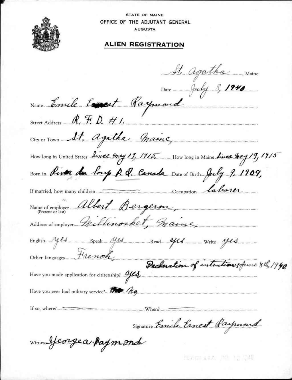 Alien Registration- Raymond, Emile (Saint Agatha, Aroostook County)
