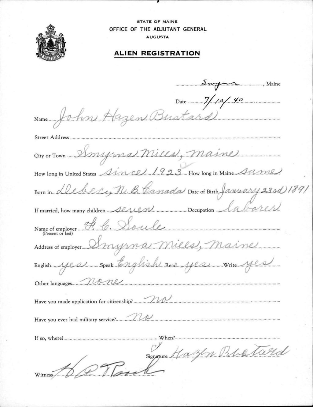 Alien Registration- Bustard, John H. (Saint Agatha, Aroostook County)