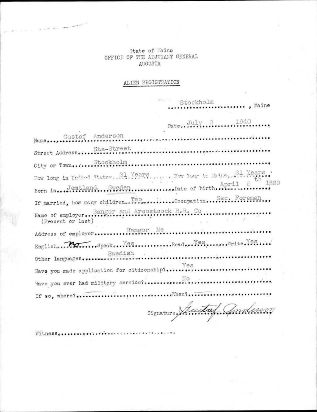 Alien Registration- Anderson, Gustaf (Stockholm, Aroostook County)