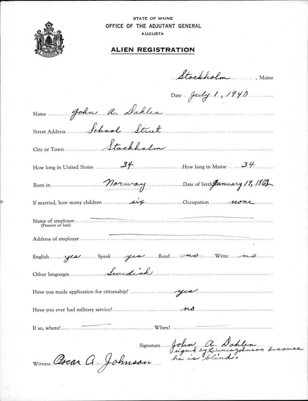 Alien Registration- Dahlen, John A. (Saint Agatha, Aroostook County)