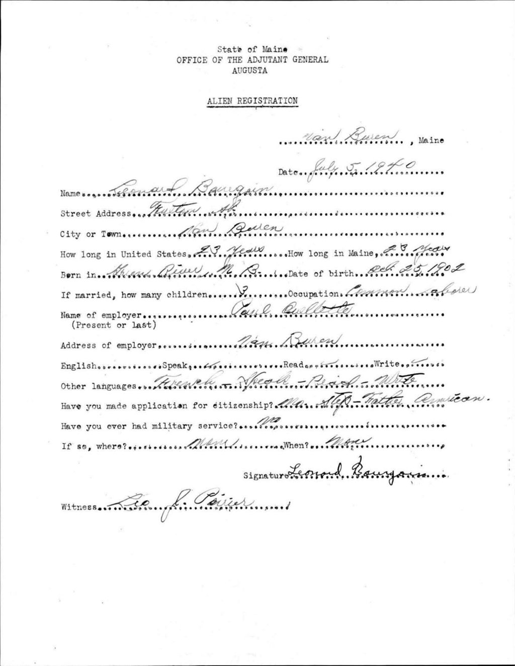Alien Registration- Bourgoin, Leonard (Van Buren, Aroostook County)