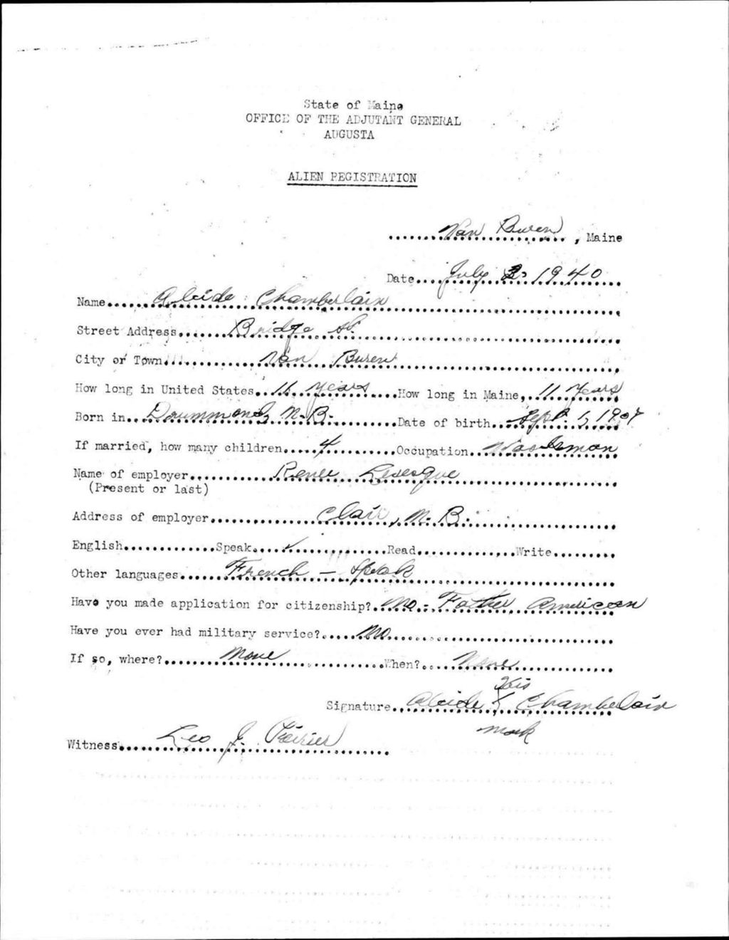 Alien Registration- Chamberlain, Alcide (Van Buren, Aroostook County)