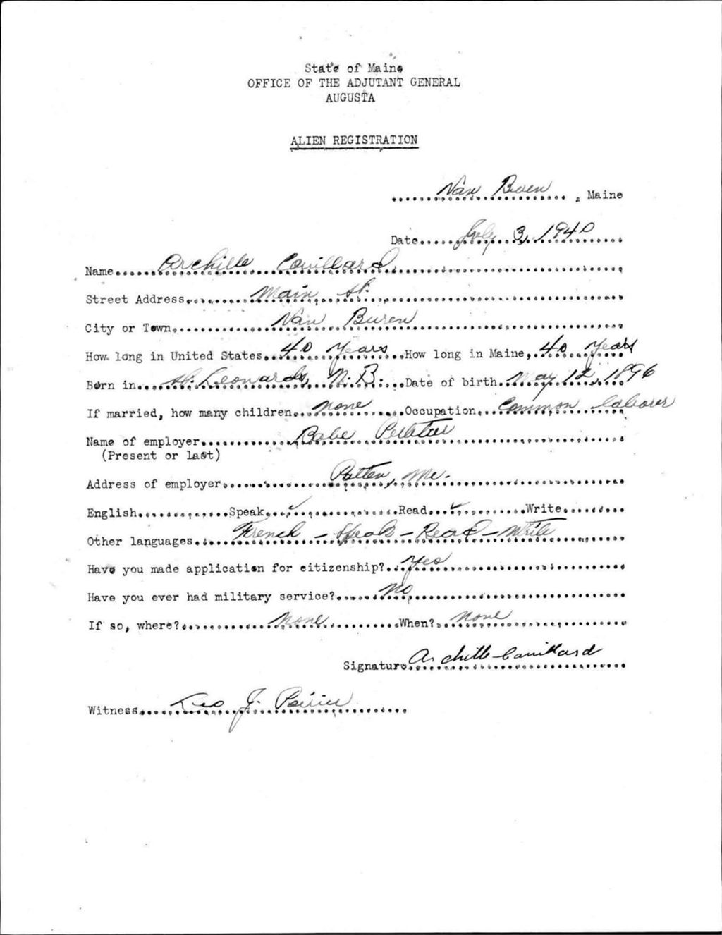 Alien Registration- Couillard, Archille (Van Buren, Aroostook County)