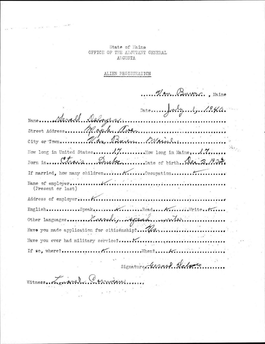 Alien Registration- Deloges, Gerald (Van Buren, Aroostook County)