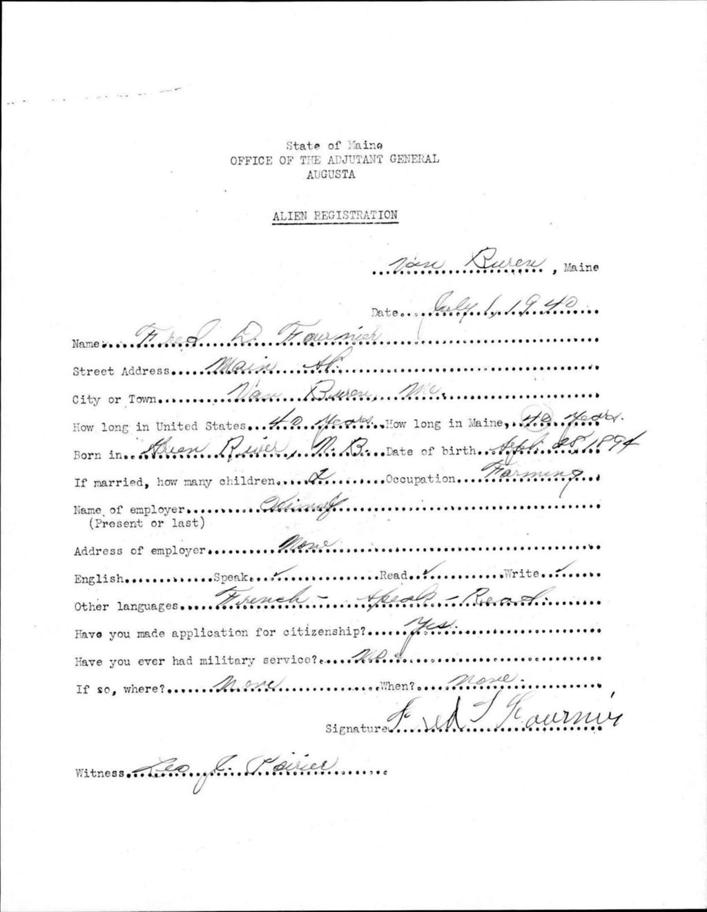 Alien Registration- Fournier, Fred D. (Van Buren, Aroostook County)