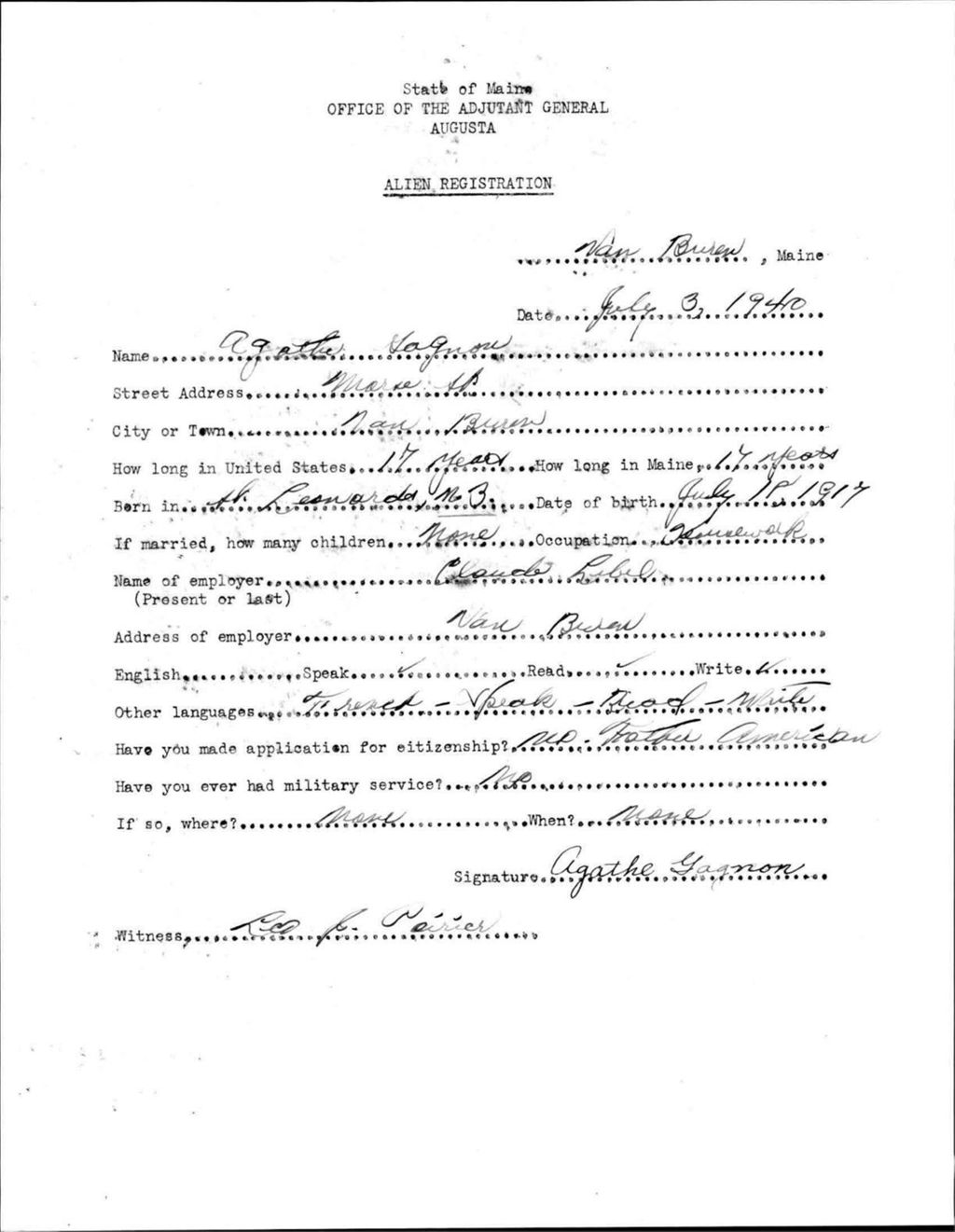 Alien Registration- Gagne, Agathe (Van Buren, Aroostook County)
