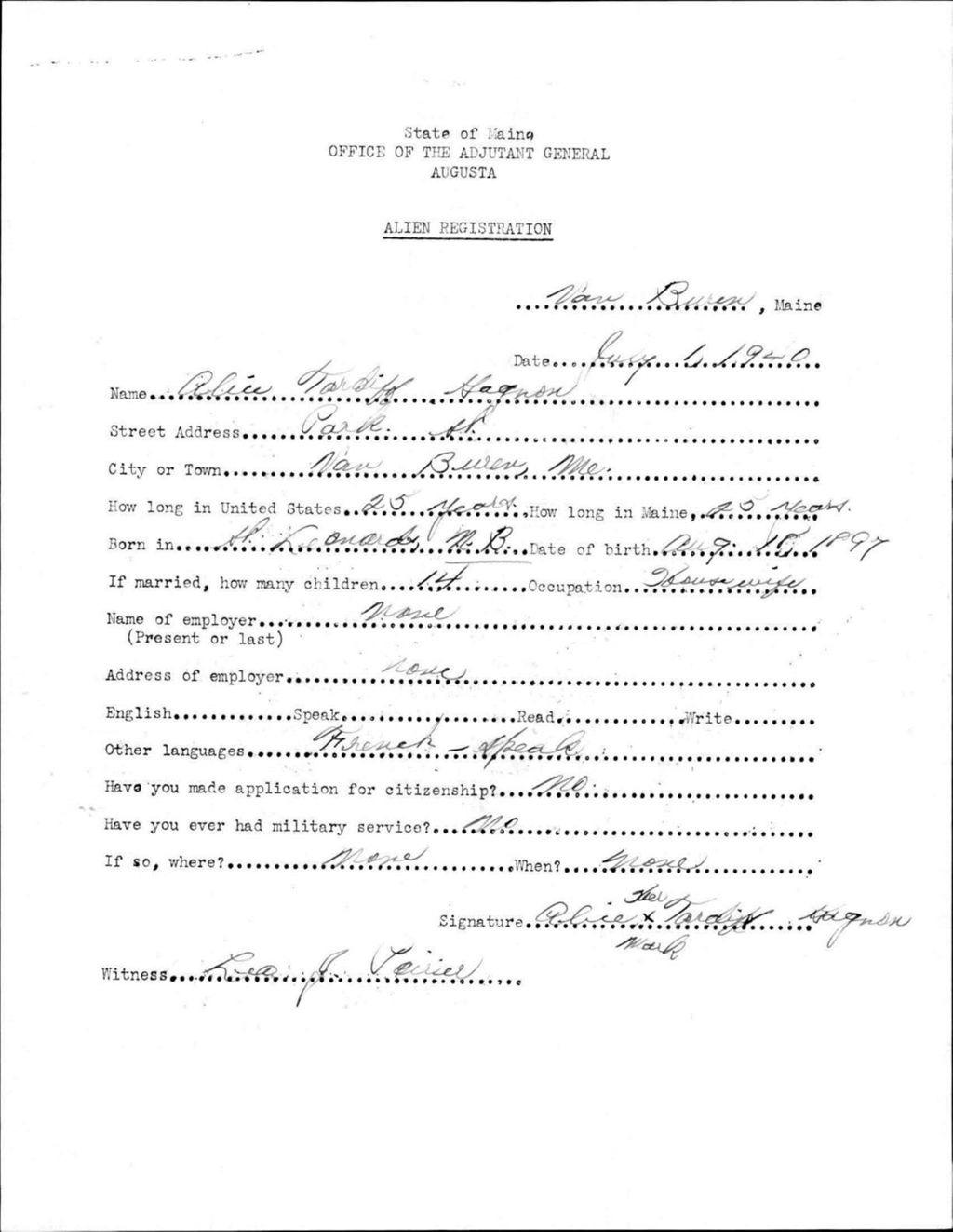Alien Registration- Tardiff, Alice (Van Buren, Aroostook County)