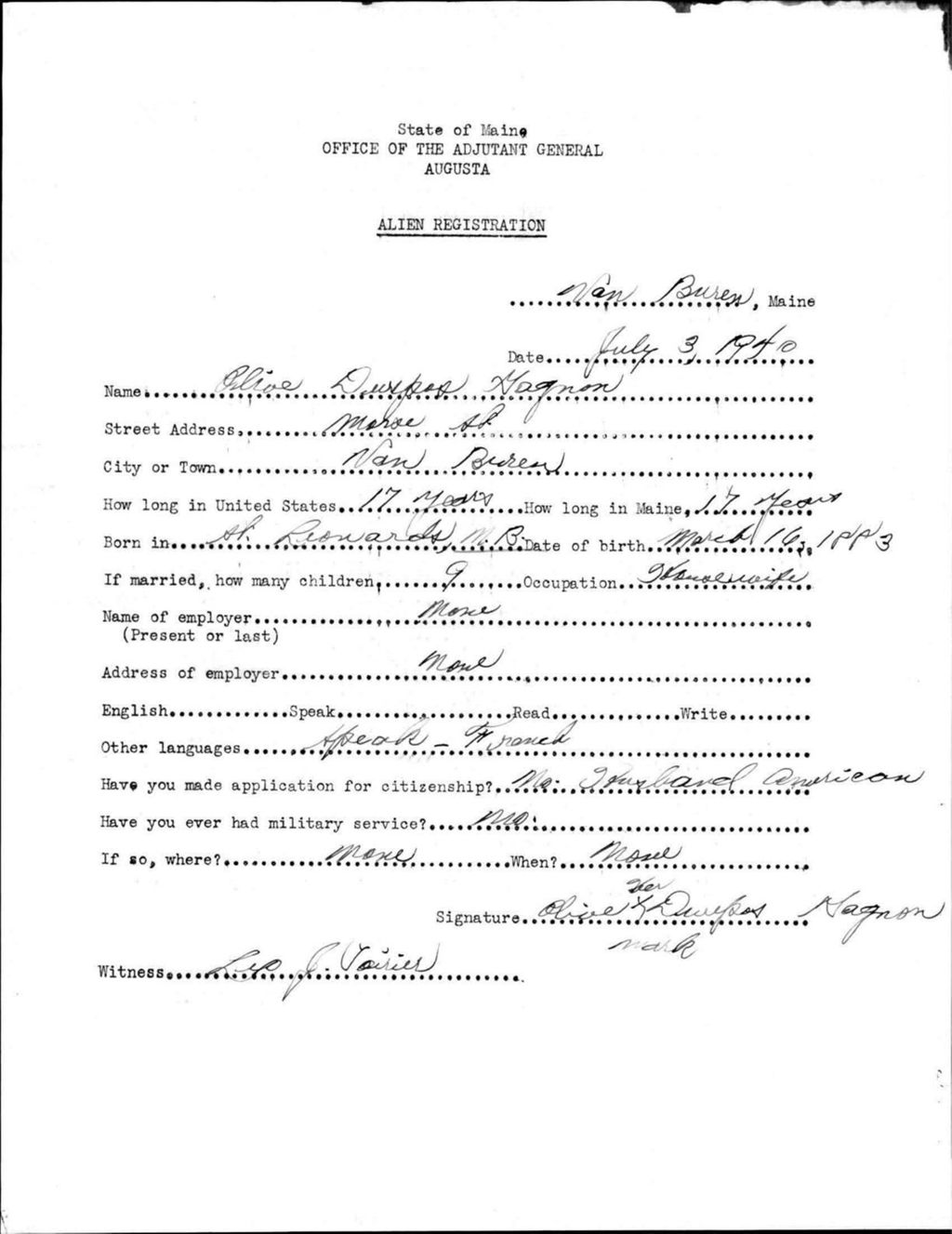 Alien Registration- Durepos, Olive (Van Buren, Aroostook County)