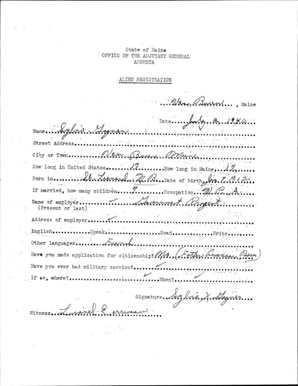 Alien Registration- Gagnon, Sylvio (Van Buren, Aroostook County)