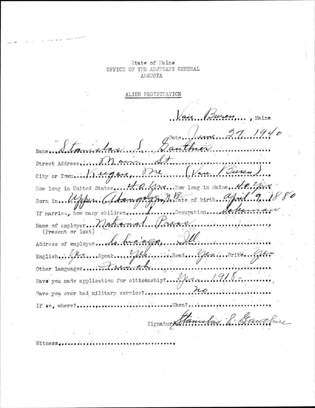Alien Registration- Gauthier, Stanislas (Van Buren, Aroostook County)