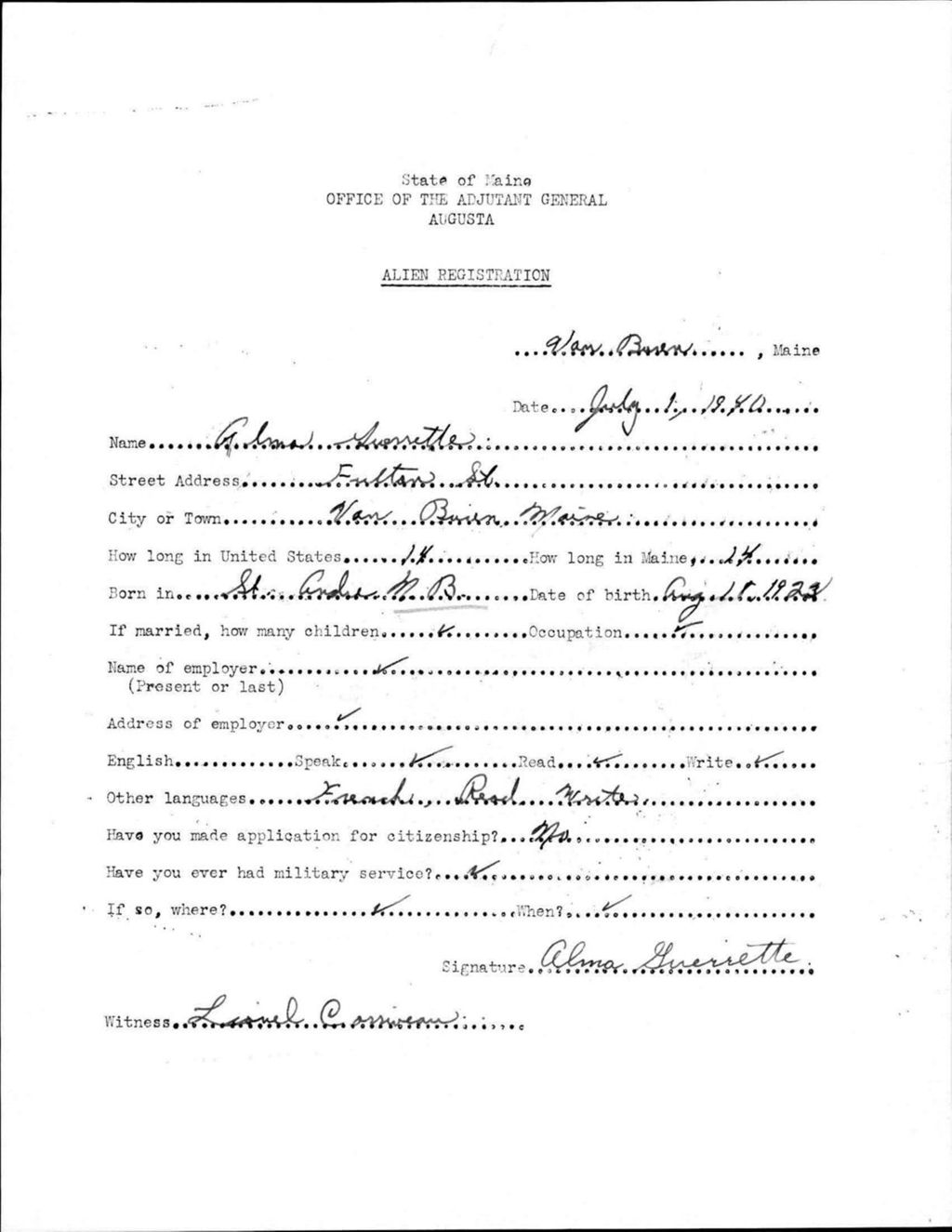 Alien Registration- Guerrette, Alma (Van Buren, Aroostook County)