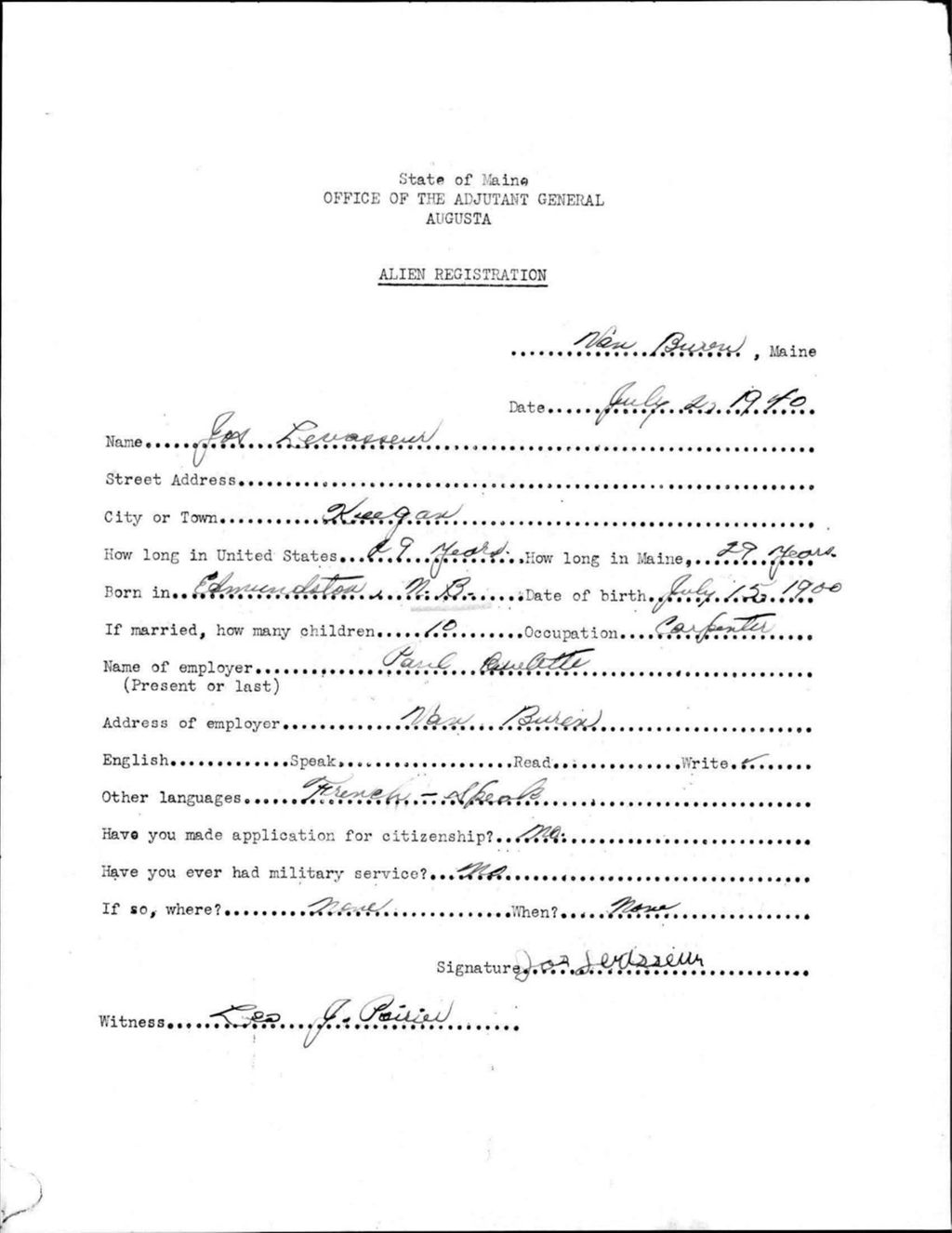 Alien Registration- Levasseur, Joseph (Van Buren, Aroostook County)