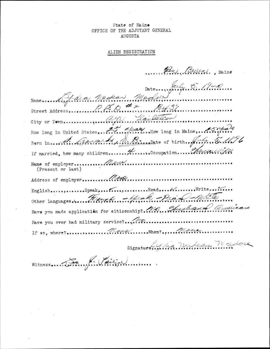 Alien Registration- Nadeau, Lydia (Van Buren, Aroostook County)