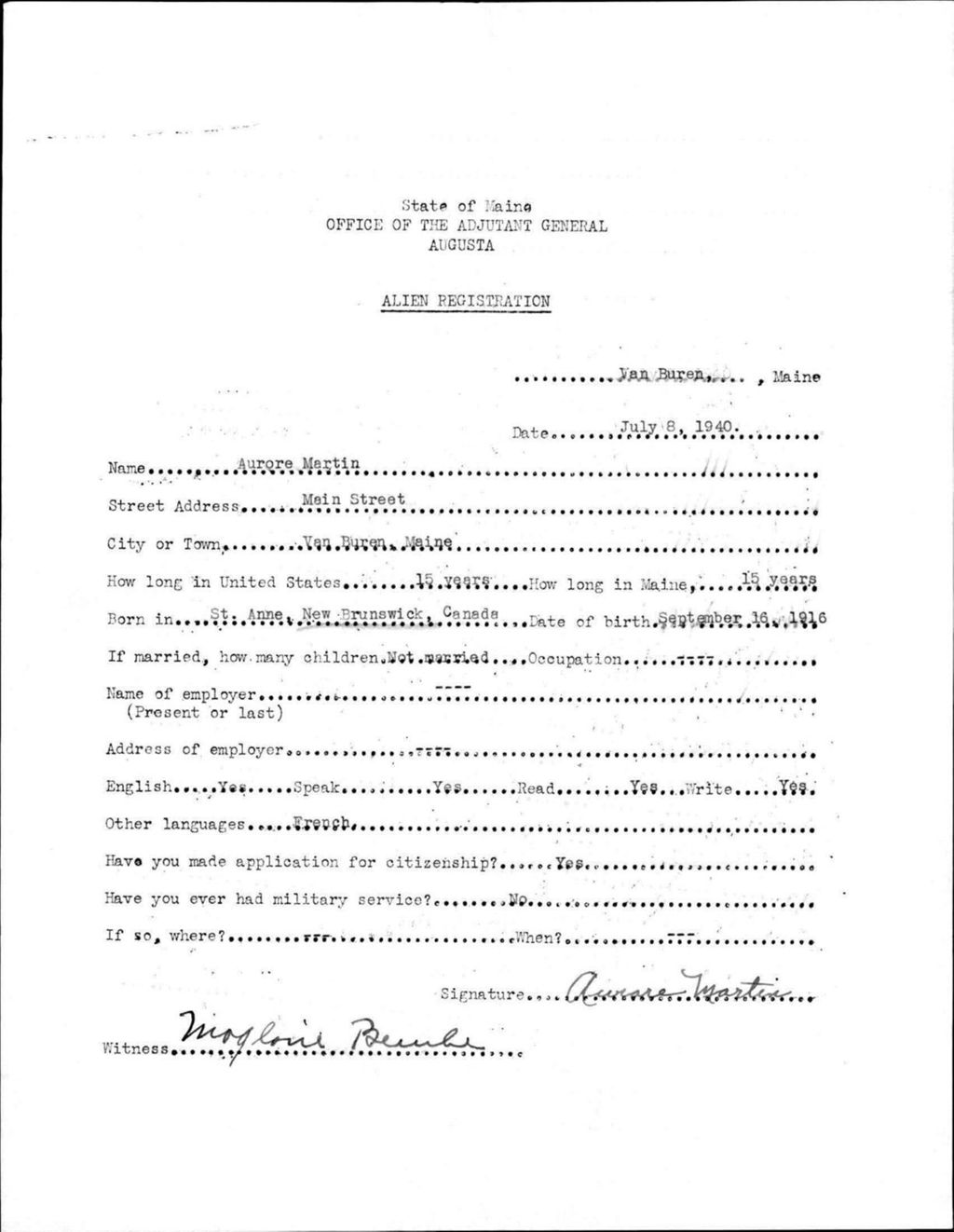 Alien Registration- Martin, Aurore (Van Buren, Aroostook County)