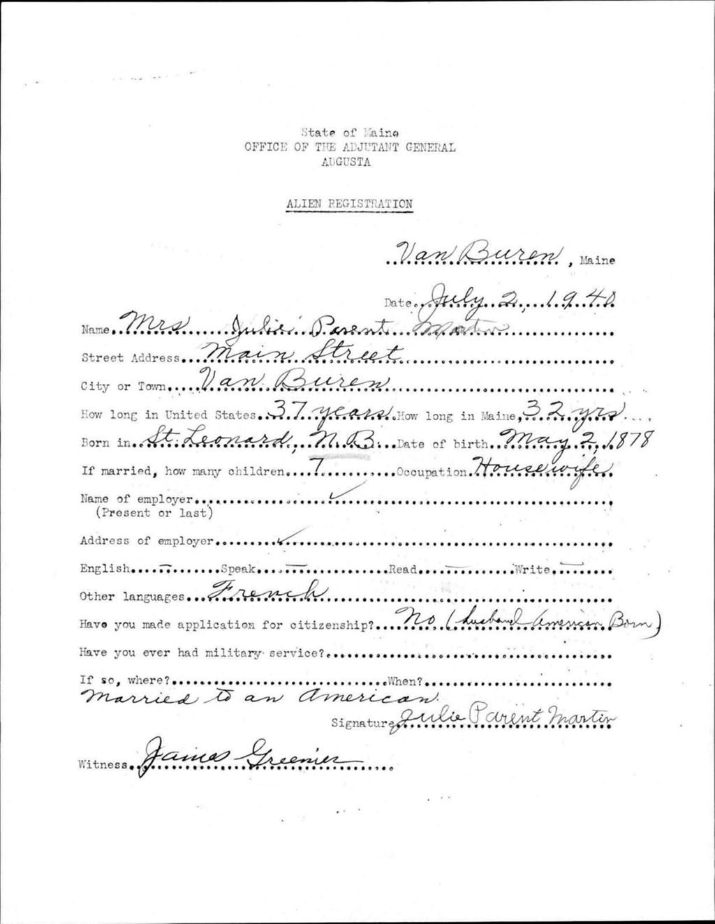 Alien Registration- Parent, Julie (Van Buren, Aroostook County)