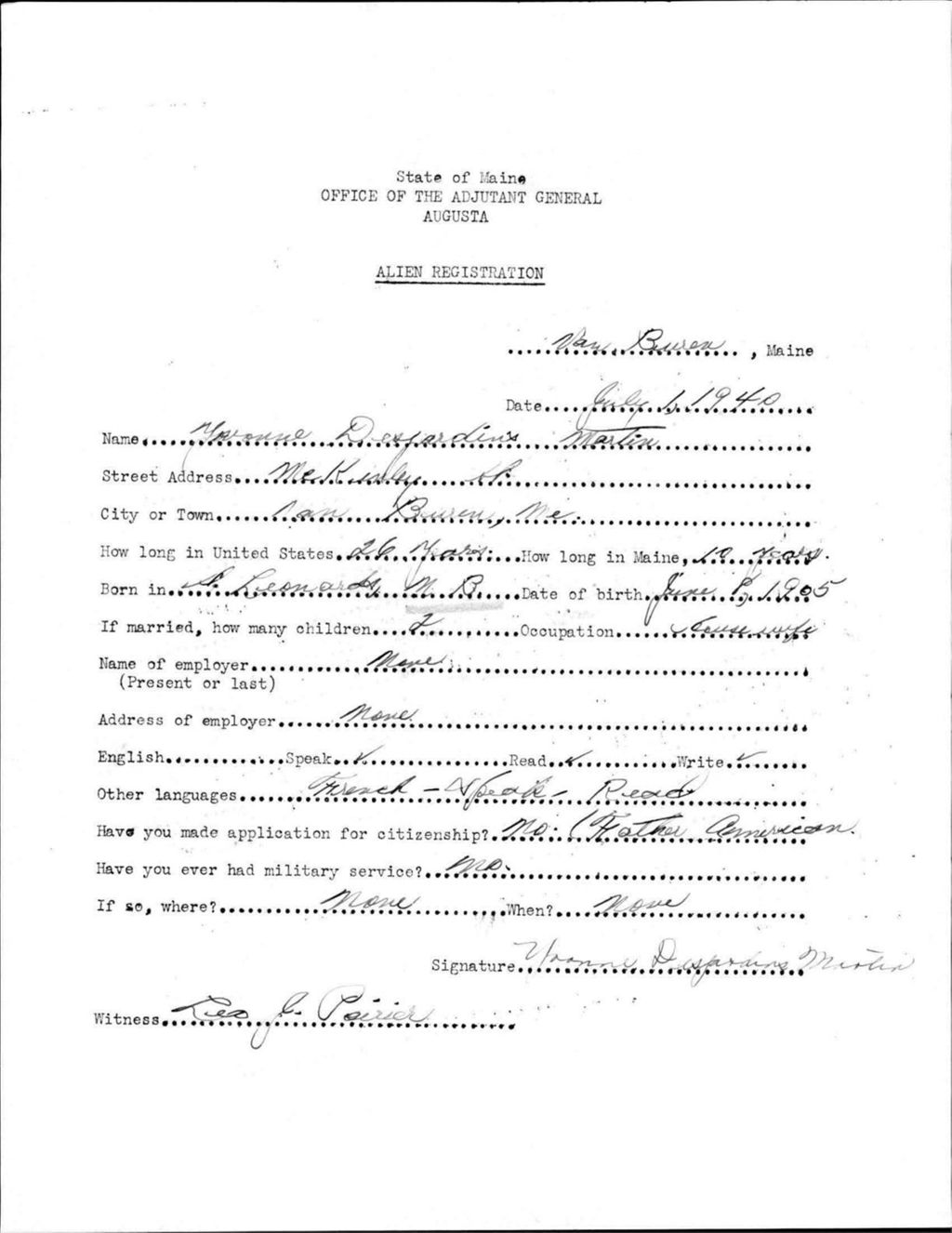 Alien Registration- Desjardins, Yvonne (Van Buren, Aroostook County)
