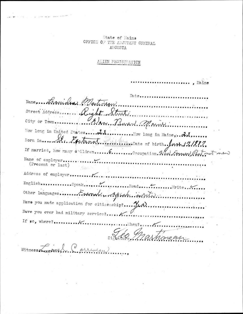 Alien Registration- Martineau, Leonidia (Van Buren, Aroostook County)