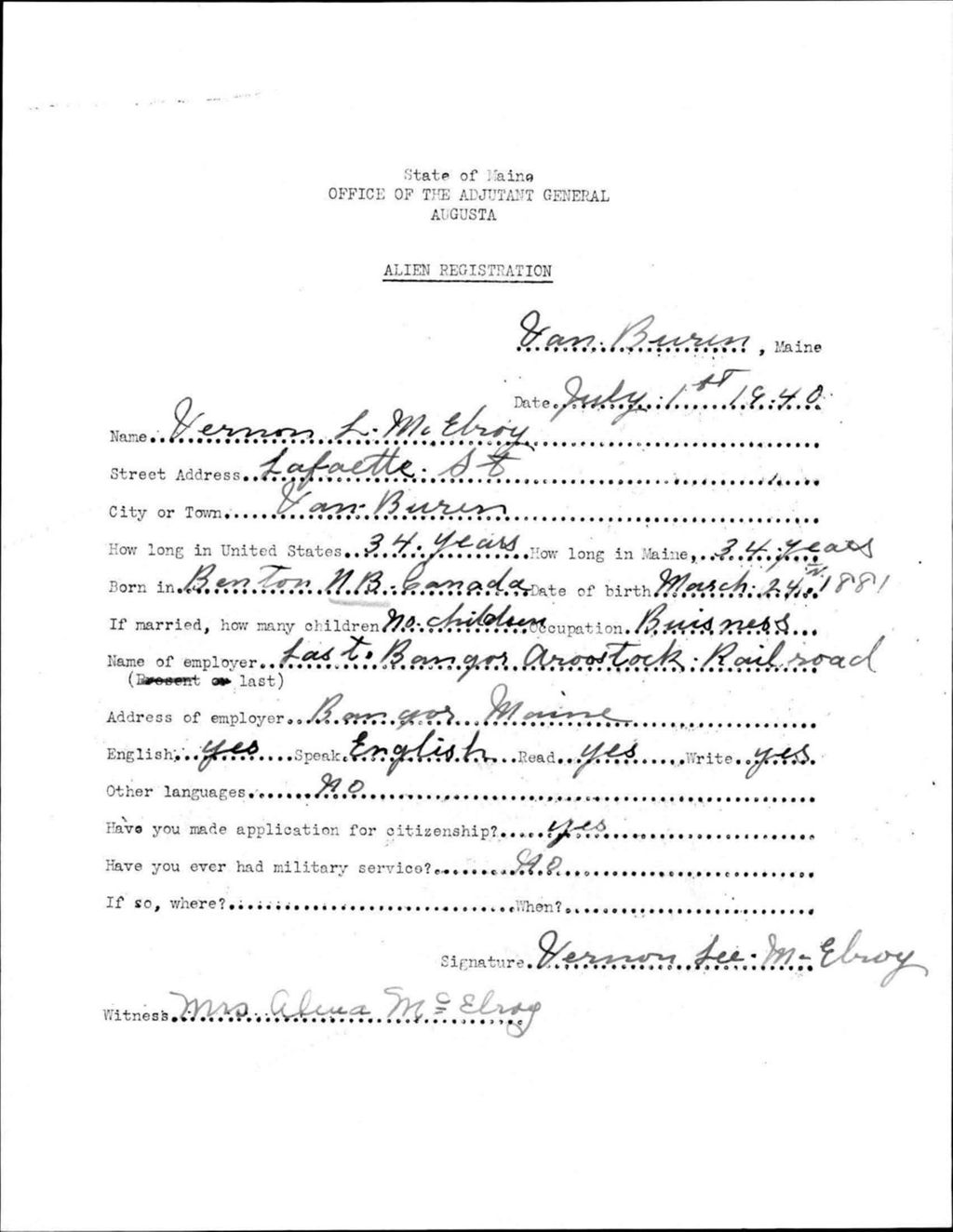 Alien Registration- Mcelroy, Vernon L. (Van Buren, Aroostook County)