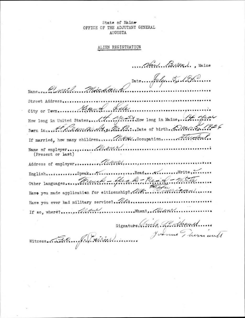 Alien Registration- Michaud, Oneil (Van Buren, Aroostook County)